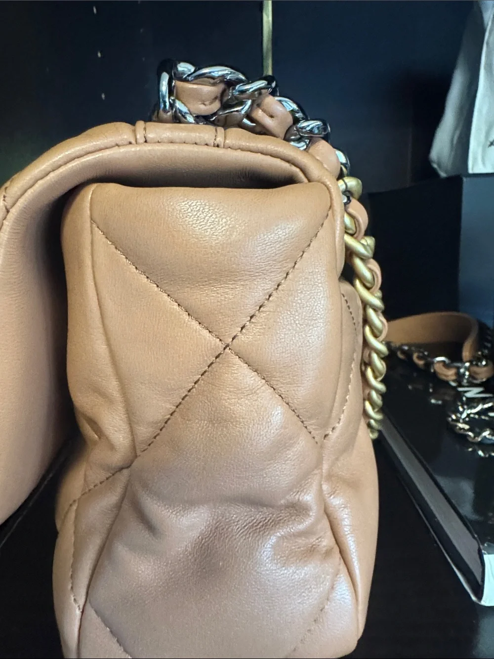 CHANEL Carmel Chanel 19 Quilted Lambskin Shoulder Bag